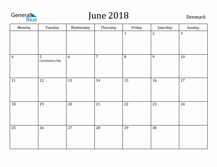 June 2018 Calendar Denmark