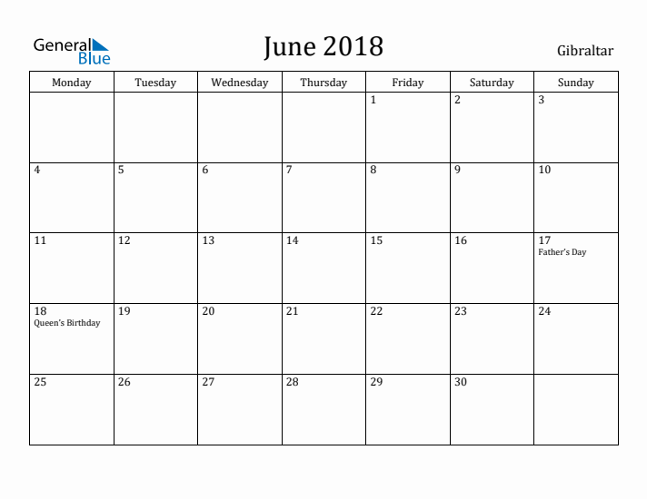 June 2018 Calendar Gibraltar