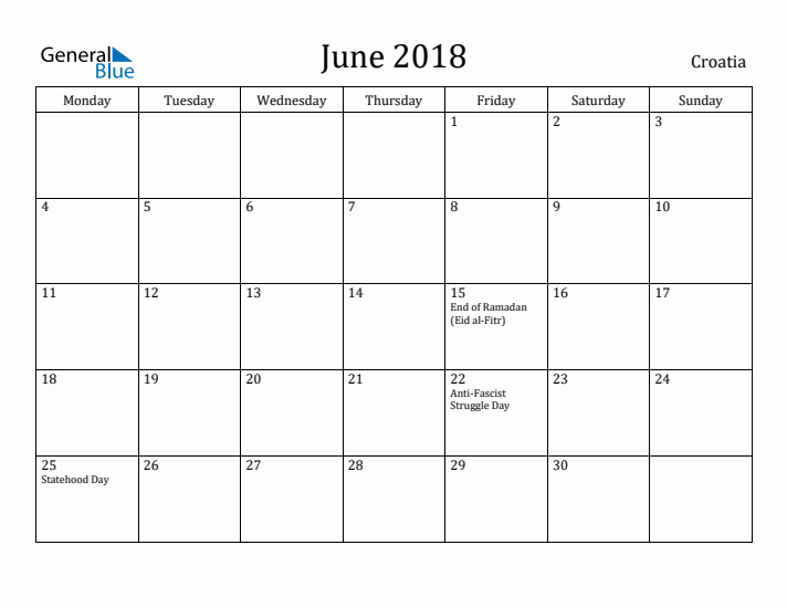 June 2018 Calendar Croatia