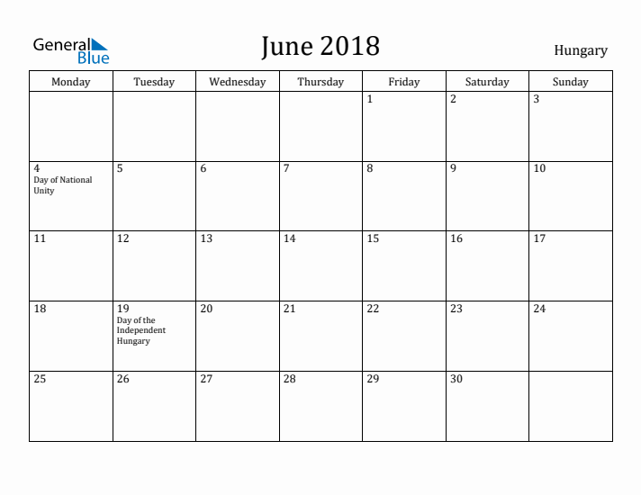 June 2018 Calendar Hungary