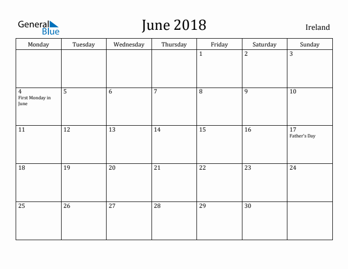 June 2018 Calendar Ireland