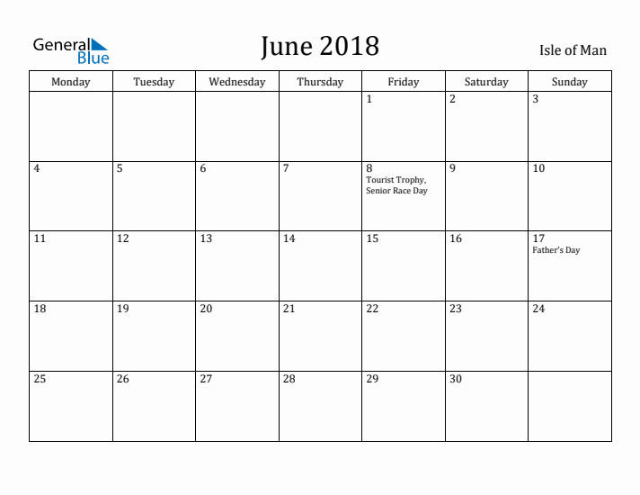 June 2018 Calendar Isle of Man