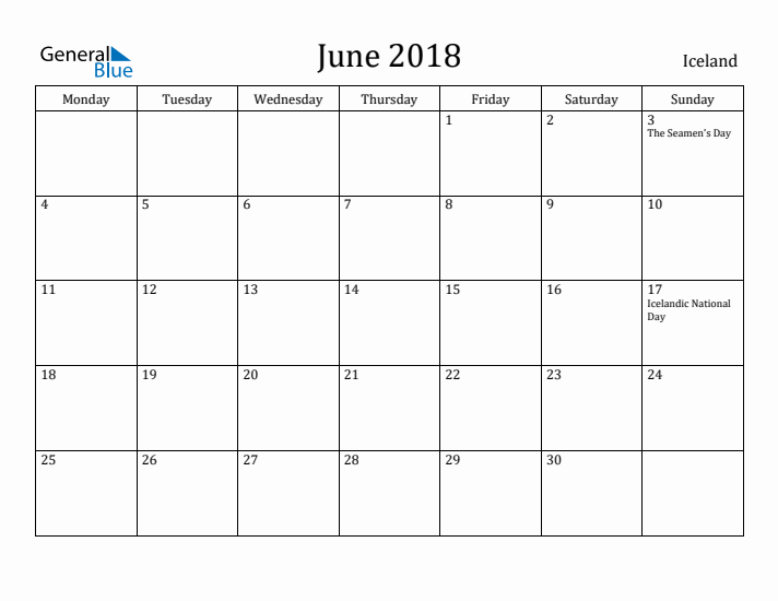 June 2018 Calendar Iceland
