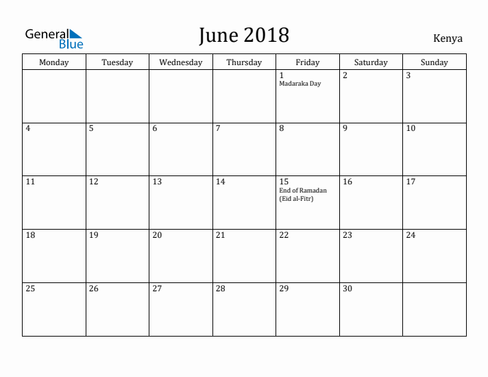 June 2018 Calendar Kenya