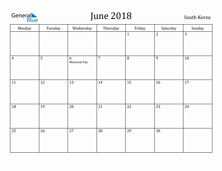 June 2018 Calendar South Korea