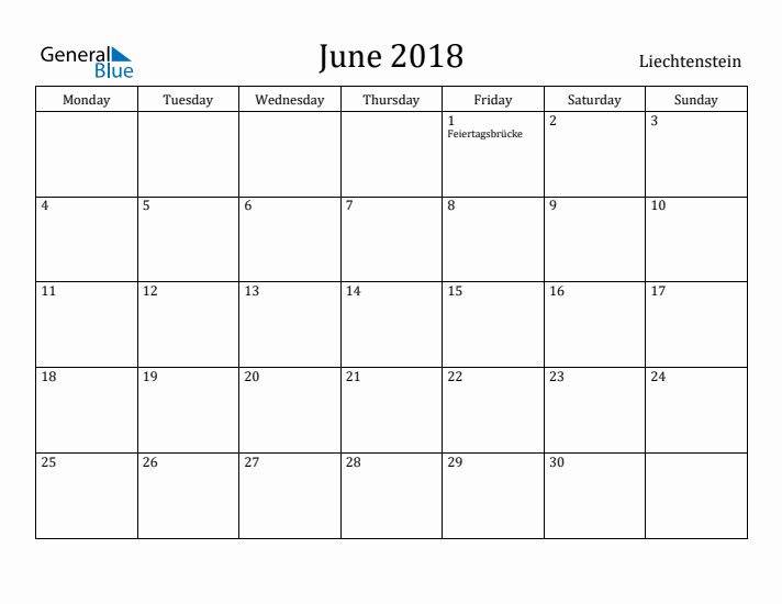 June 2018 Calendar Liechtenstein
