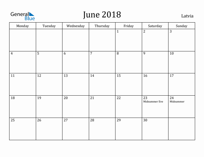 June 2018 Calendar Latvia