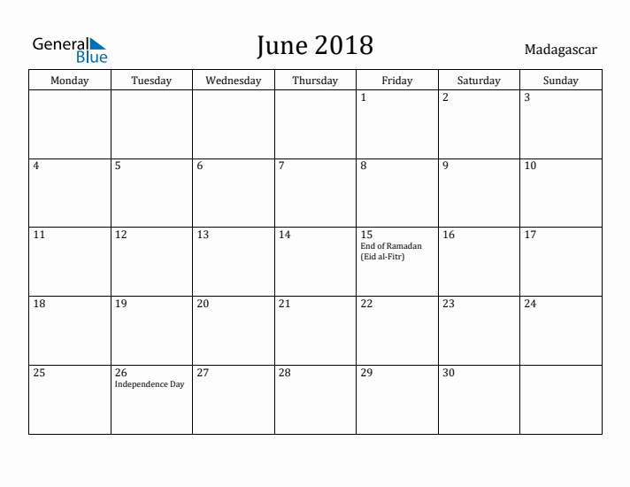 June 2018 Calendar Madagascar