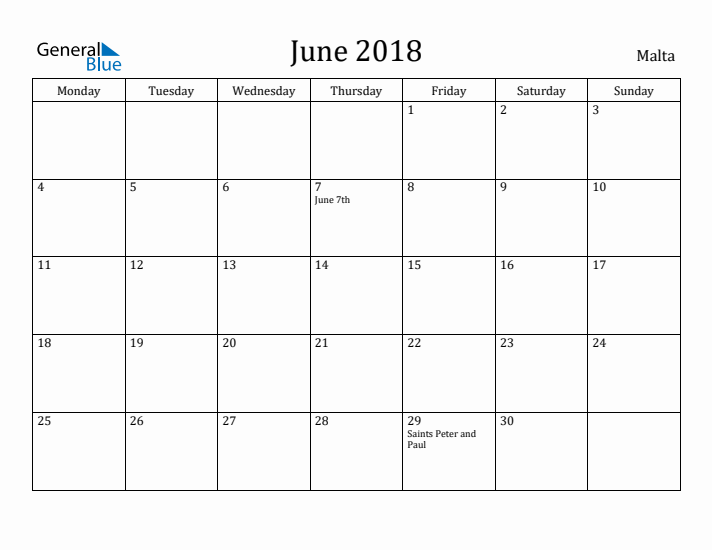 June 2018 Calendar Malta