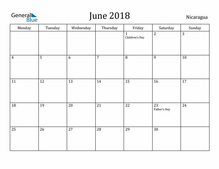 June 2018 Calendar Nicaragua