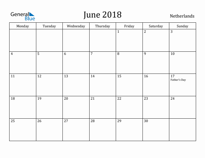 June 2018 Calendar The Netherlands