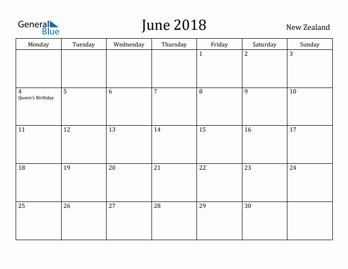 June 2018 Calendar New Zealand