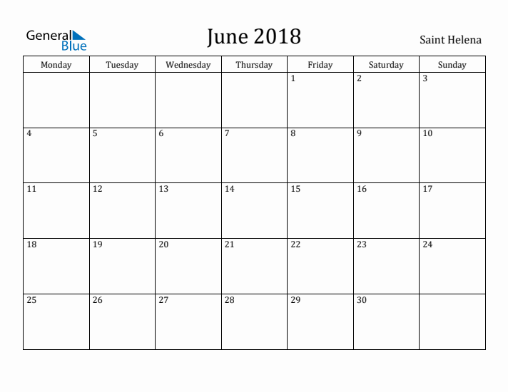 June 2018 Calendar Saint Helena