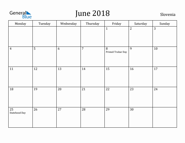 June 2018 Calendar Slovenia