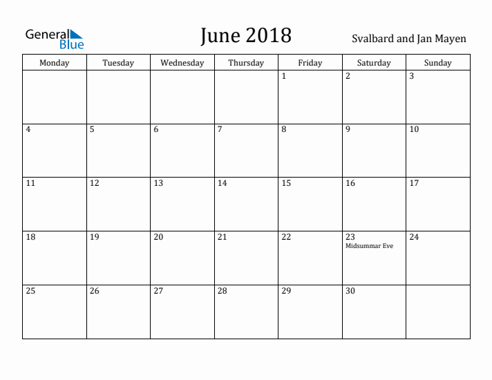 June 2018 Calendar Svalbard and Jan Mayen