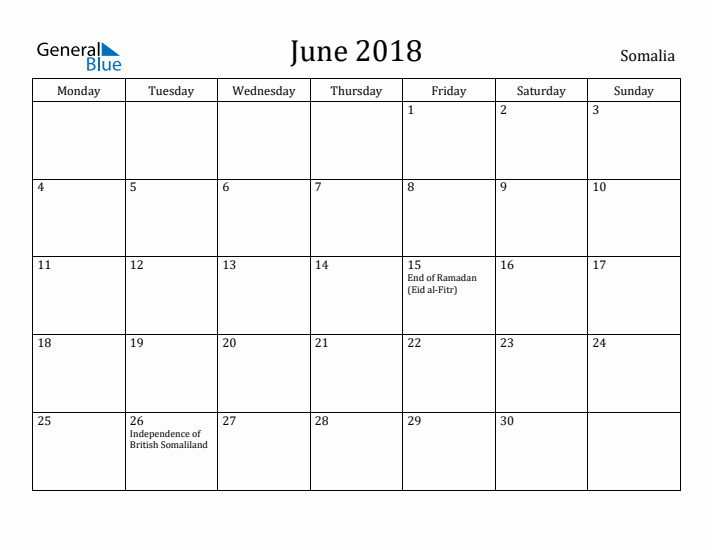 June 2018 Calendar Somalia