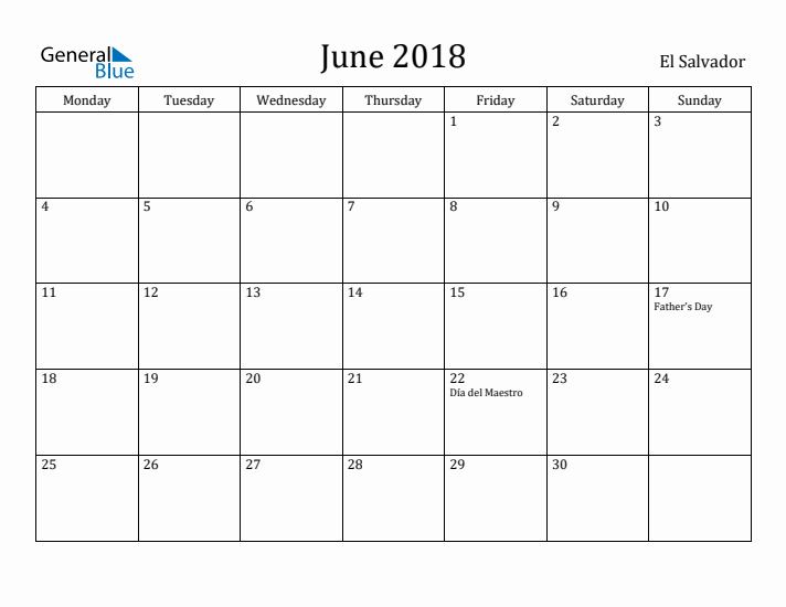 June 2018 Calendar El Salvador