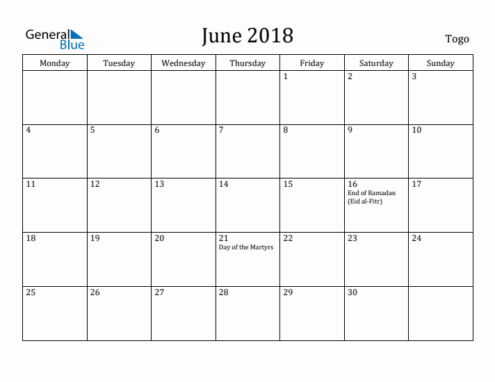 June 2018 Calendar Togo