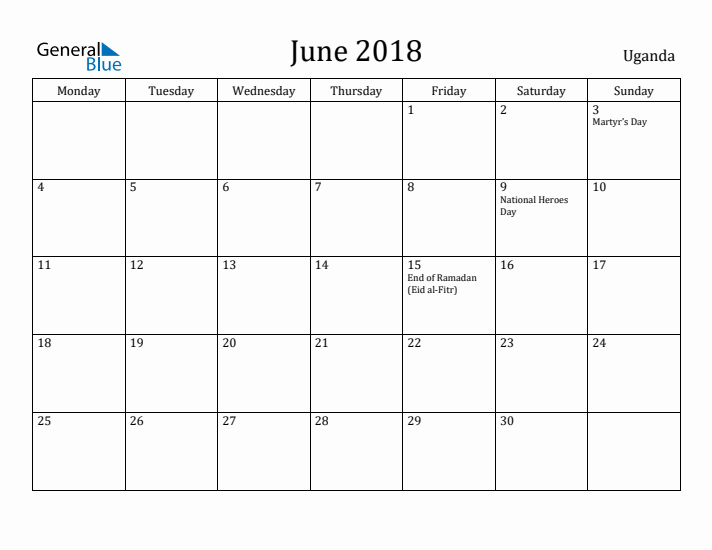 June 2018 Calendar Uganda