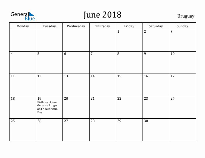 June 2018 Calendar Uruguay