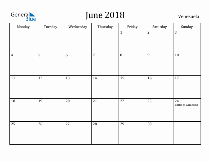 June 2018 Calendar Venezuela