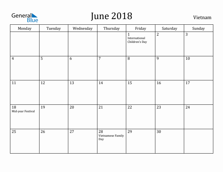 June 2018 Calendar Vietnam