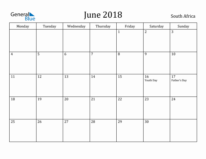 June 2018 Calendar South Africa