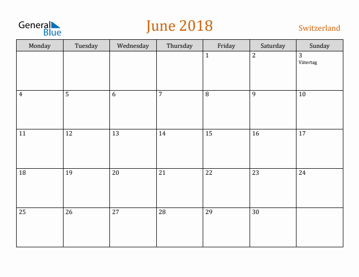 June 2018 Holiday Calendar with Monday Start