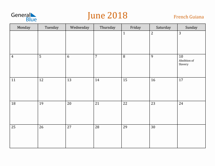 June 2018 Holiday Calendar with Monday Start