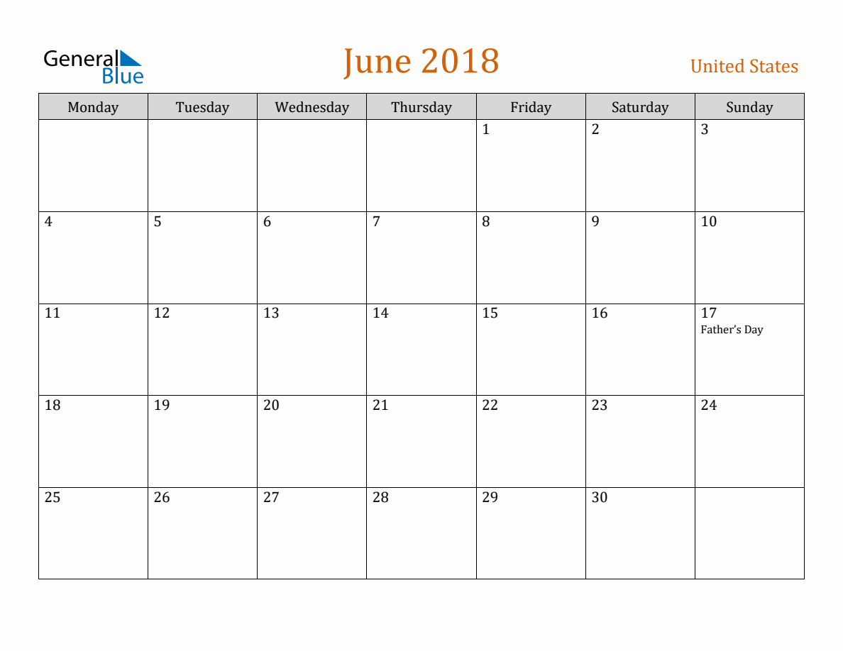 Free June 2018 United States Calendar