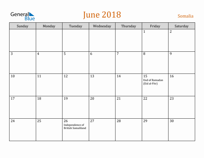 June 2018 Holiday Calendar with Sunday Start
