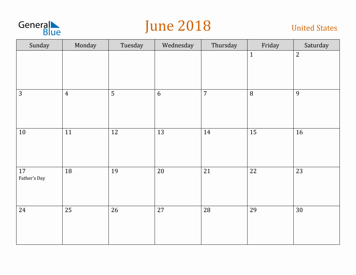 Free June 2018 United States Calendar