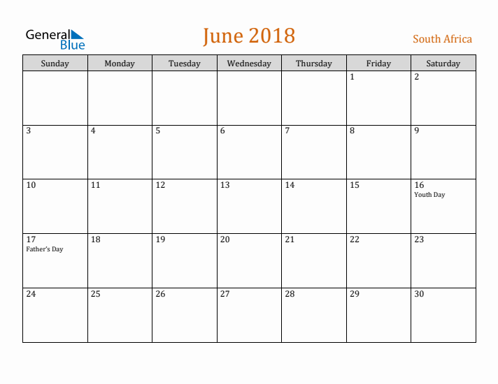 June 2018 Holiday Calendar with Sunday Start
