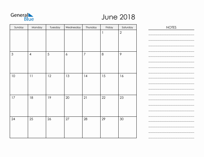 Printable Monthly Calendar with Notes - June 2018