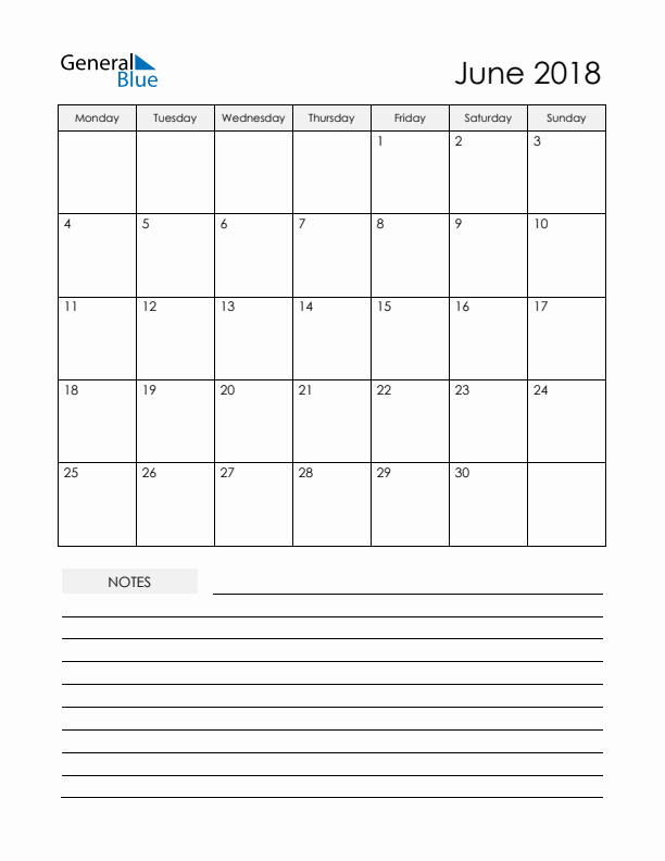Printable Calendar with Notes - June 2018 