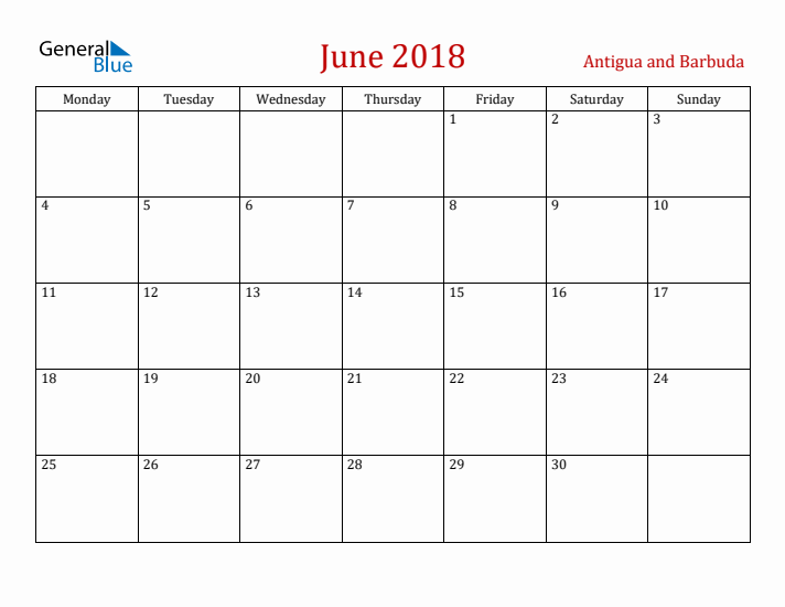 Antigua and Barbuda June 2018 Calendar - Monday Start