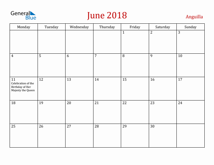 Anguilla June 2018 Calendar - Monday Start