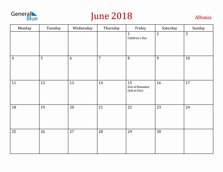 Albania June 2018 Calendar - Monday Start