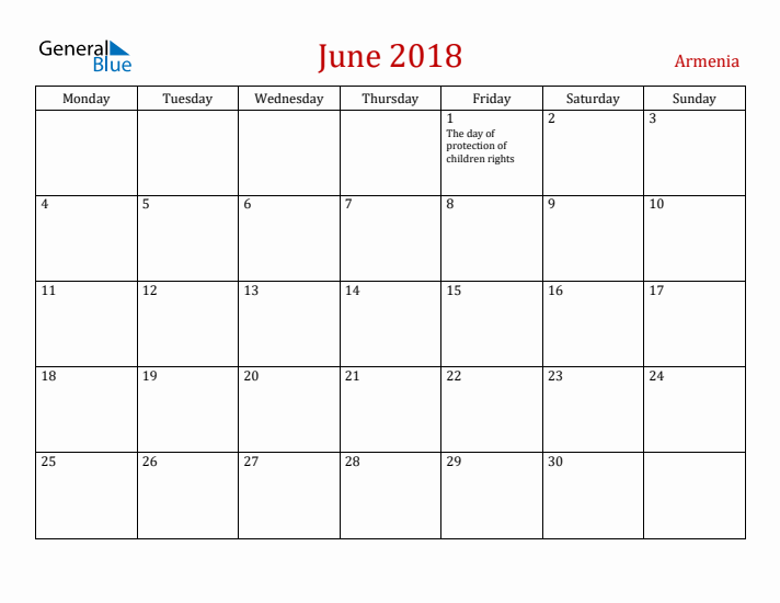 Armenia June 2018 Calendar - Monday Start