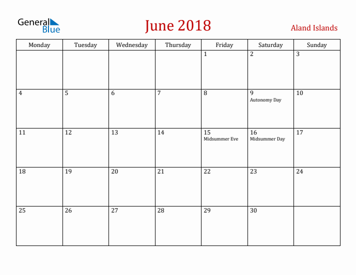 Aland Islands June 2018 Calendar - Monday Start