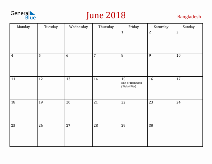 Bangladesh June 2018 Calendar - Monday Start