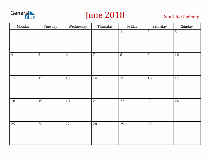 Saint Barthelemy June 2018 Calendar - Monday Start