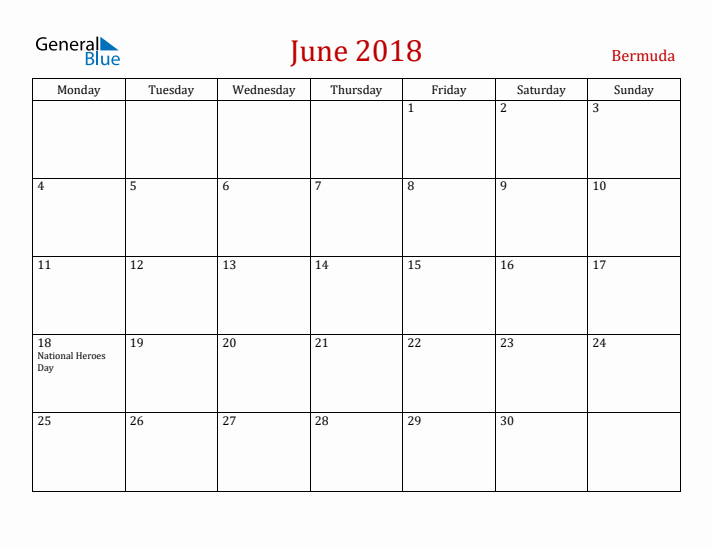 Bermuda June 2018 Calendar - Monday Start