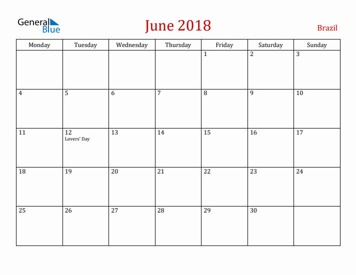 Brazil June 2018 Calendar - Monday Start