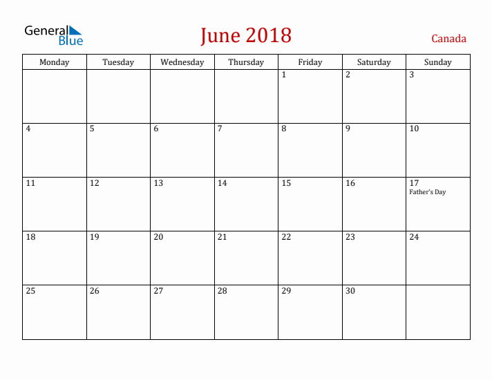 Canada June 2018 Calendar - Monday Start