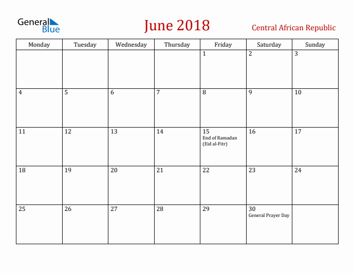 Central African Republic June 2018 Calendar - Monday Start