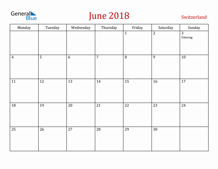 Switzerland June 2018 Calendar - Monday Start