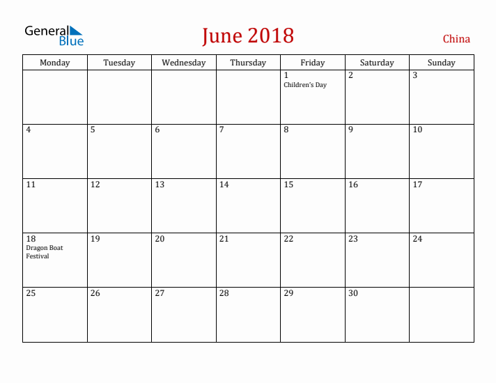China June 2018 Calendar - Monday Start