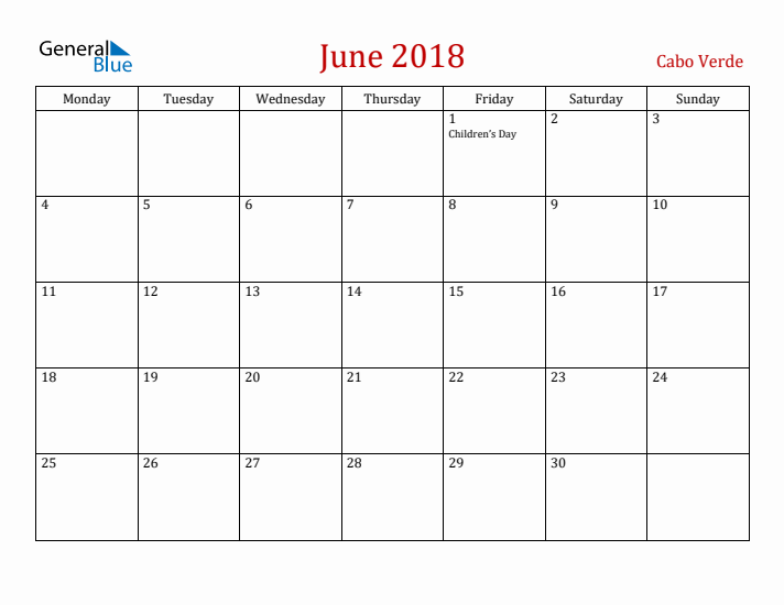 Cabo Verde June 2018 Calendar - Monday Start