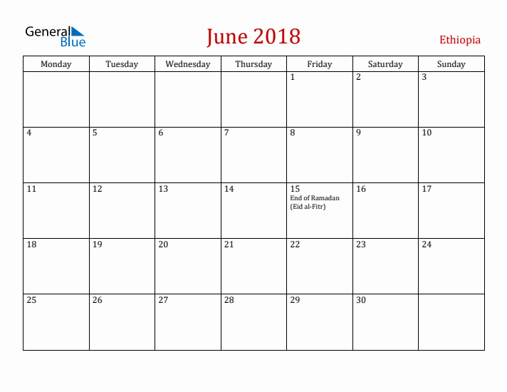 Ethiopia June 2018 Calendar - Monday Start